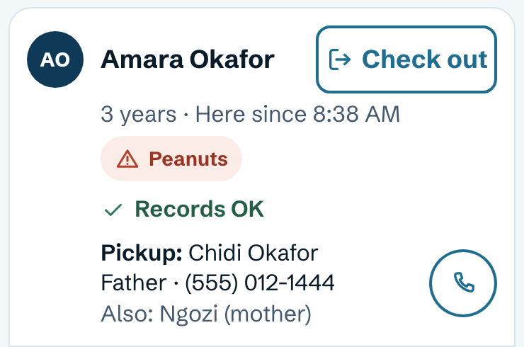 A child row: Amara Okafor, 3 years, here since 8:38 AM, peanut allergy, records OK, pickup by her father Chidi, Check out button