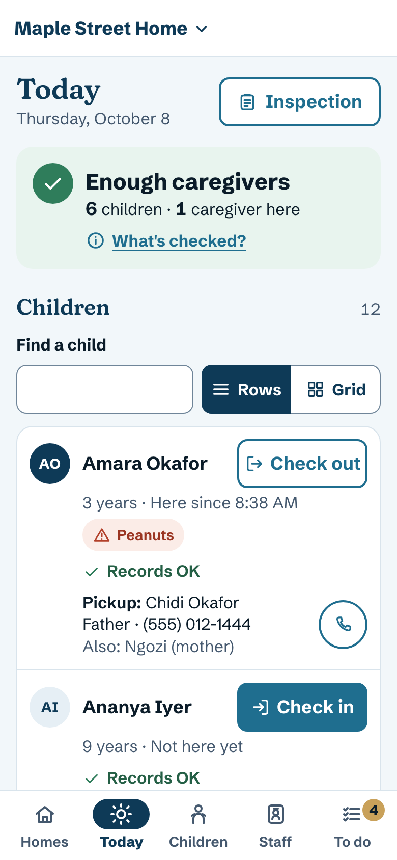 ArkCare Today screen on a phone: Enough caregivers, then Amara Okafor checked in and Ananya Iyer not here yet